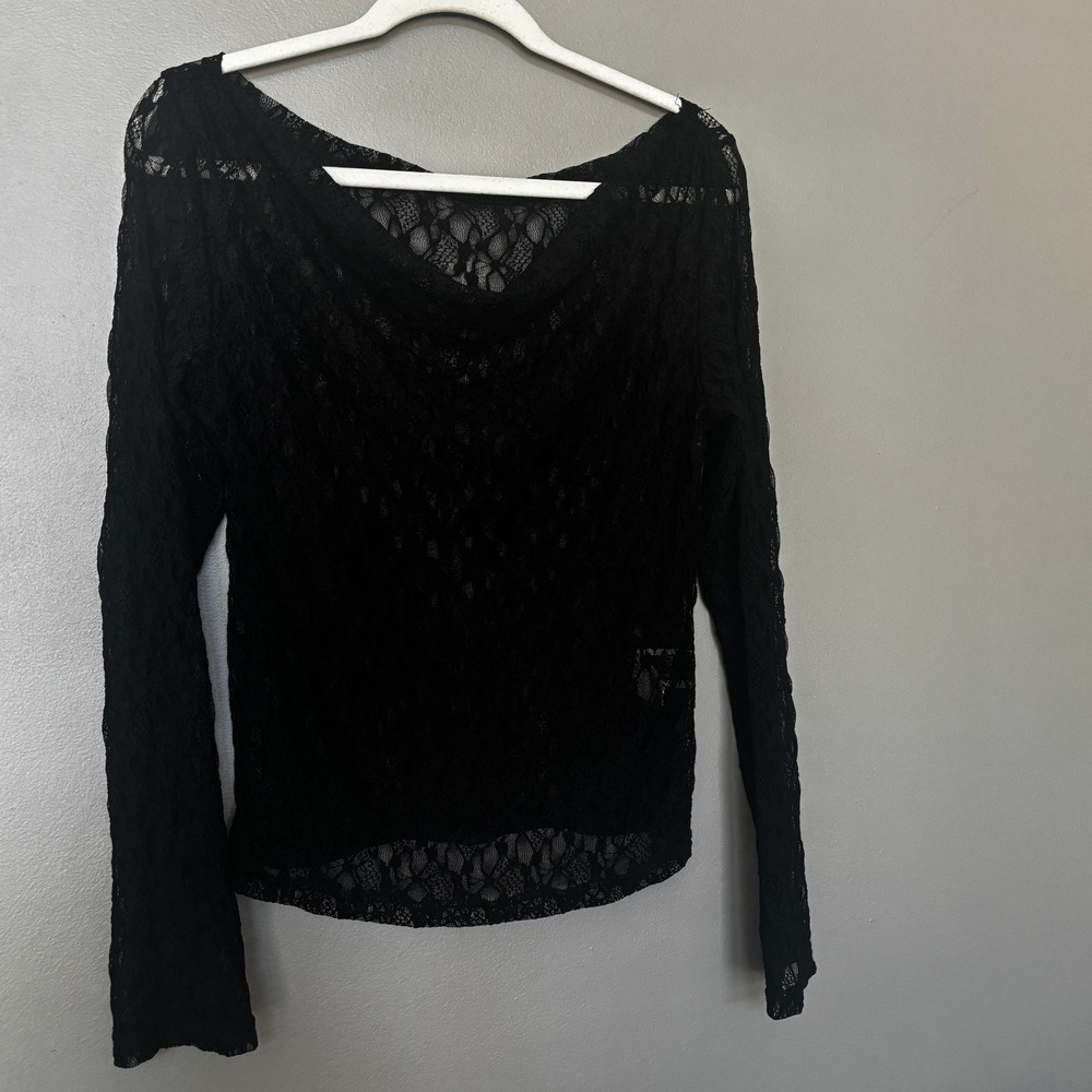 Dazy Black Sheer Lace Mesh Top Cowl Boat Neck Coquette Goth Fairycore Y2K